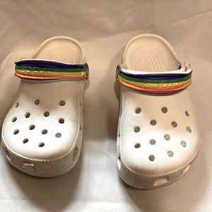 White rainbow strap crocs
